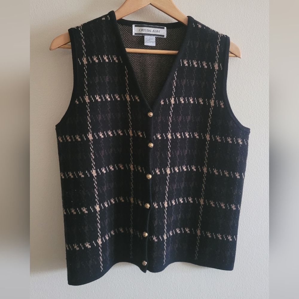 Crystal-Kobe houndstooth acrylic gold button down sweater vest Women's XL black